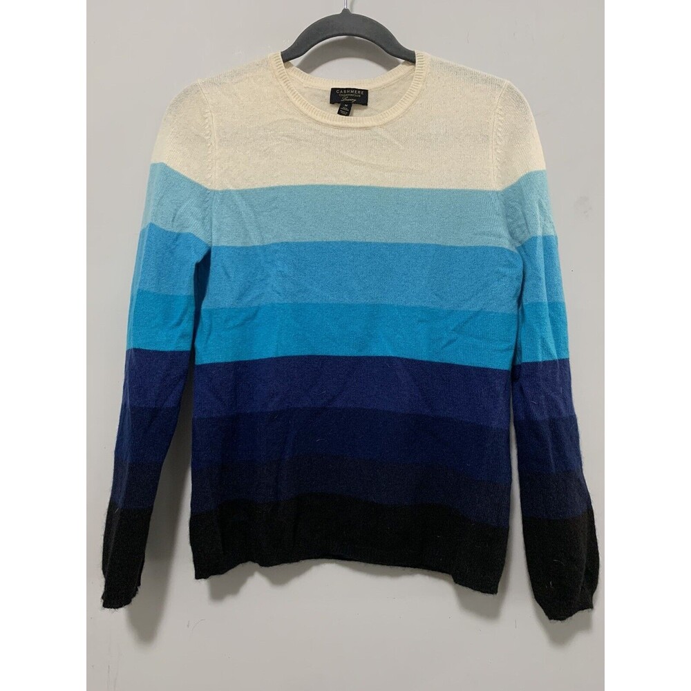 Charter Club Luxury Women Medium 100% Cashmere Blue Striped Crew Neck Sweater